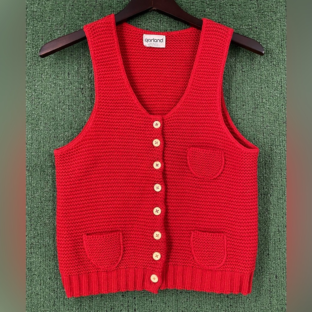VTG 60’s Garland Burnt Red Pocket Button Front Knit Sweater Vest Women’s Size XS
